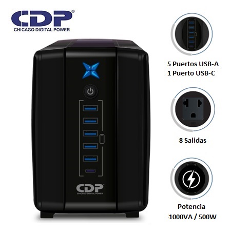 UPS Interactivo con estabilizador voltaje 1000VA/500W 8 tomas 5 USB 1 Tipo C R-UPR1008I